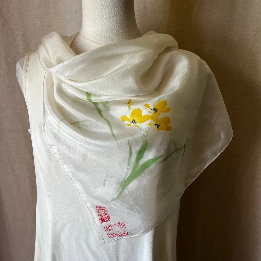 Vintage Hand Painted Silk Scarf White Floral Asian Art Signed 29x29